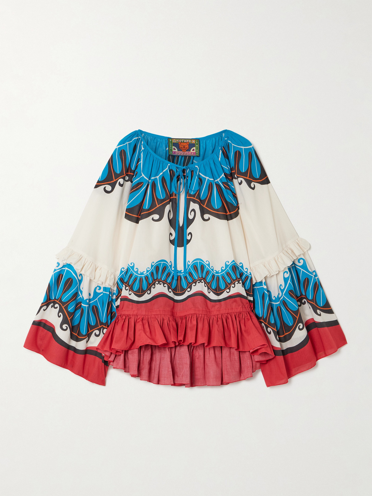 La Doublej Boho Tie-detailed Printed Cotton Peplum Blouse In Blue