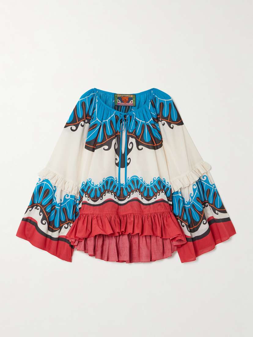 La DoubleJ + Mother Boho Tie-detailed Printed Cotton Peplum Blouse