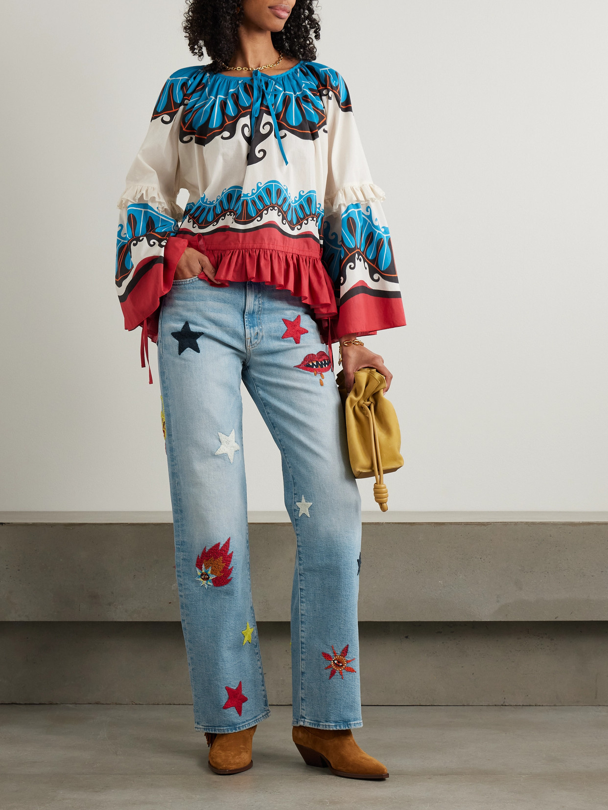 La Doublej Boho Tie-detailed Printed Cotton Peplum Blouse In Blue