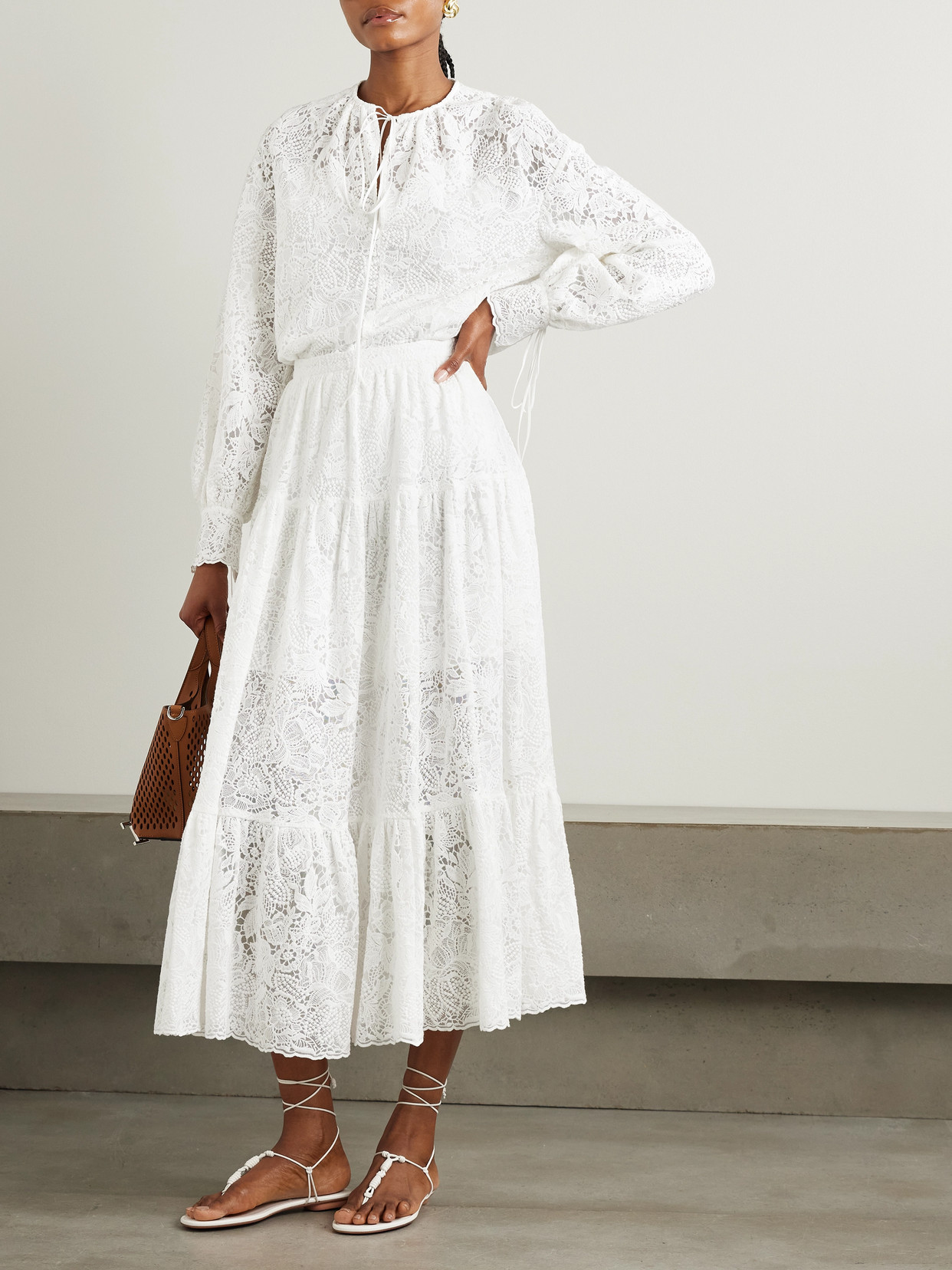 Tiered Cotton-Lace Midi Skirt