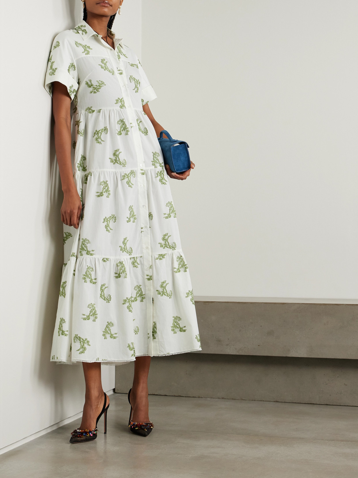 ERDEM EMBROIDERED GATHERED COTTON FIL COUPÉ MIDI DRESS