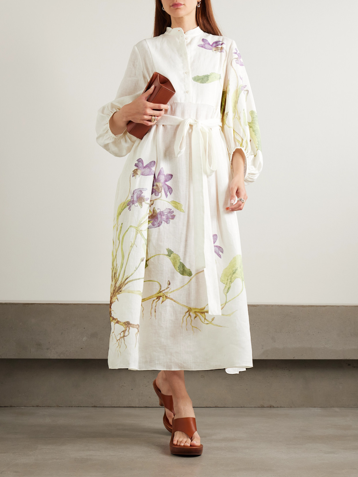 ERDEM BELTED FLORAL-PRINT LINEN MIDI DRESS 