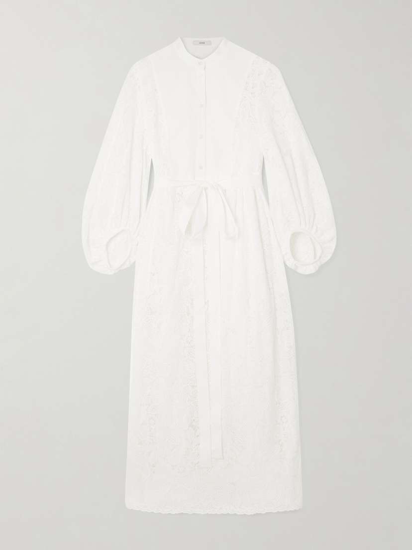 Erdem Belted Poplin-paneled Cotton-lace Midi Shirt Dress