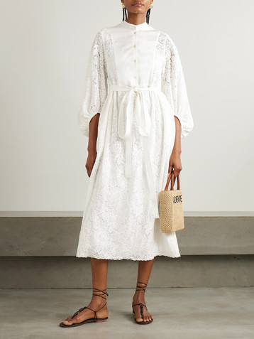 Erdem Belted poplin-paneled cotton-lace midi shirt dress
