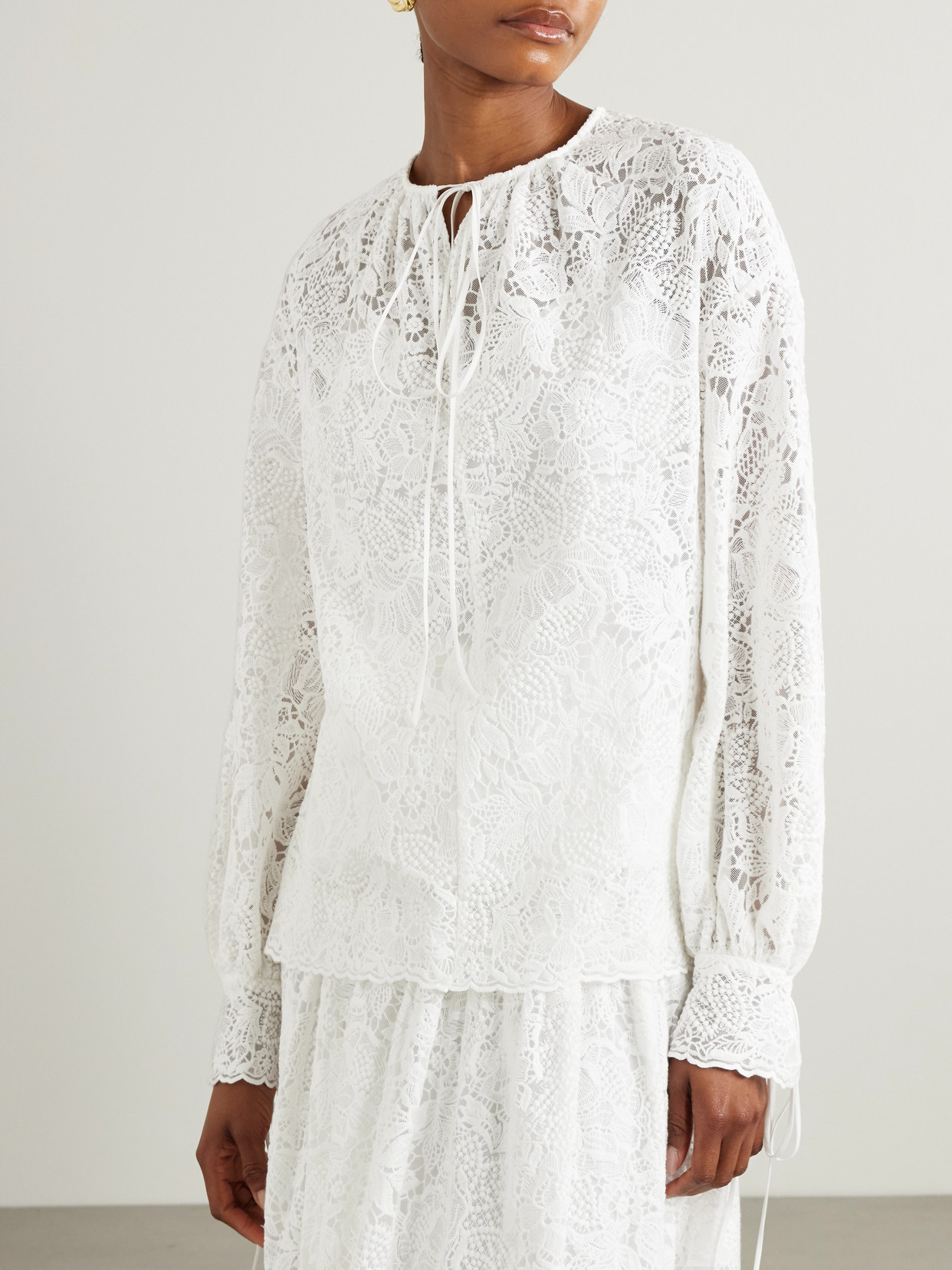 Tie-Neck Cotton-Lace Blouse