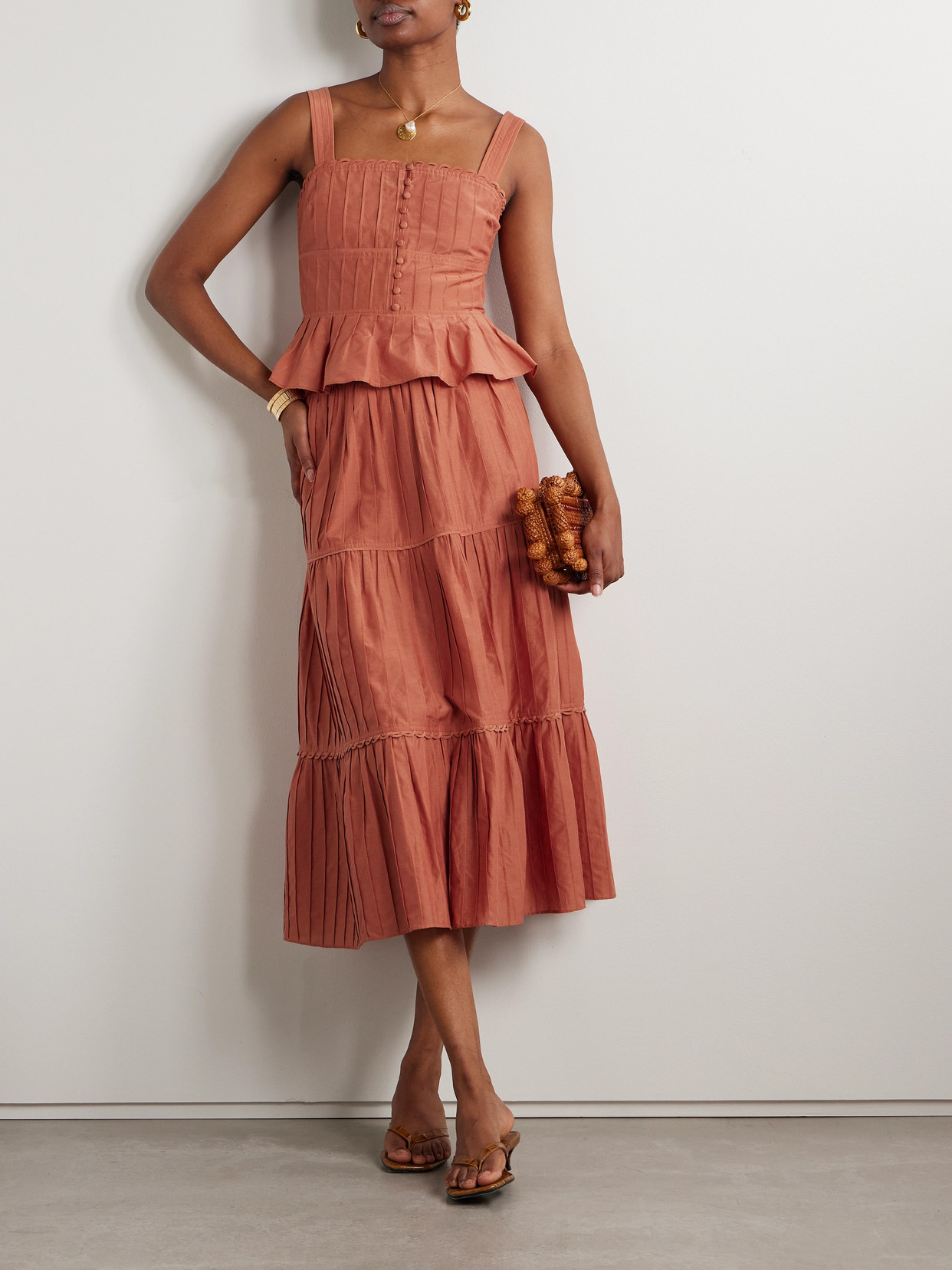La Ligne Pintucked Cotton And Silk-blend Peplum Tank In Orange