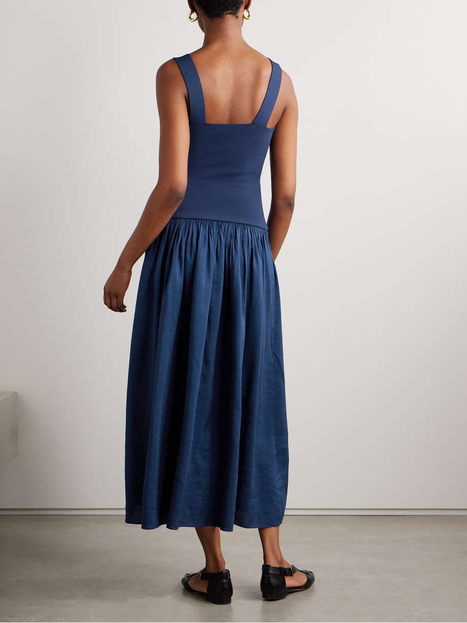stretch-knit and gathered linen-blend midi dress