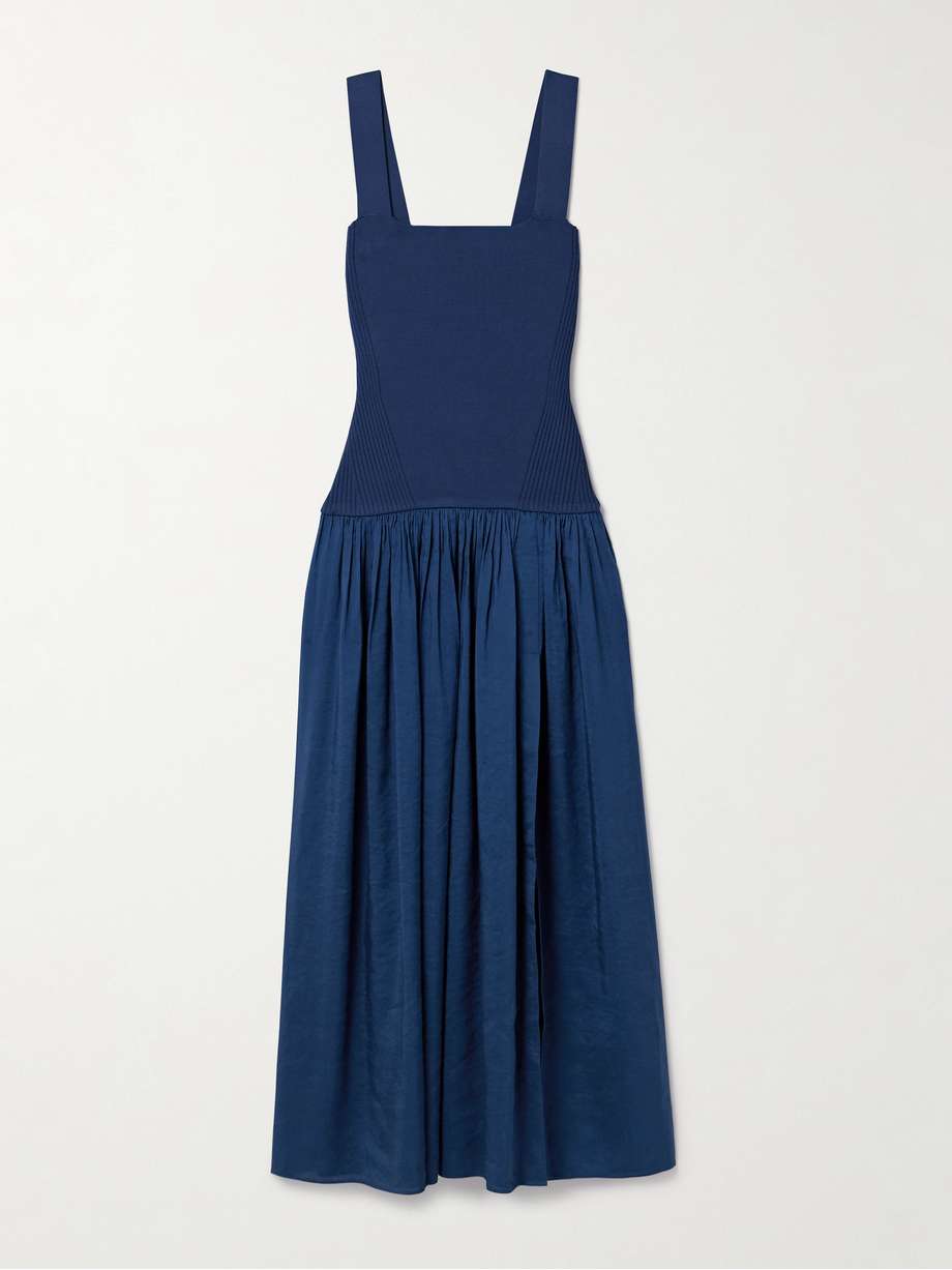 stretch-knit and gathered linen-blend midi dress