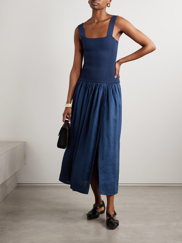 La Ligne Stretch-knit and gathered linen-blend midi dress
