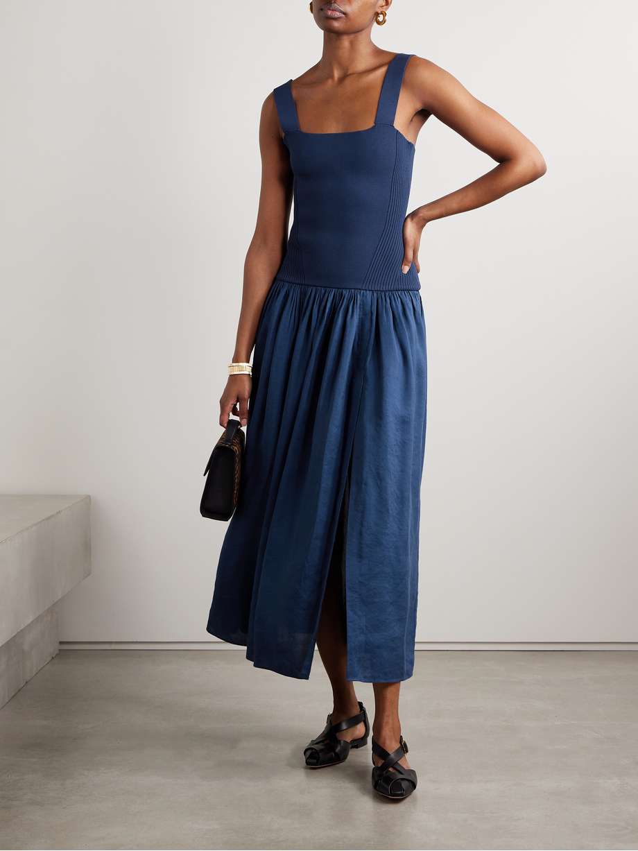 stretch-knit and gathered linen-blend midi dress
