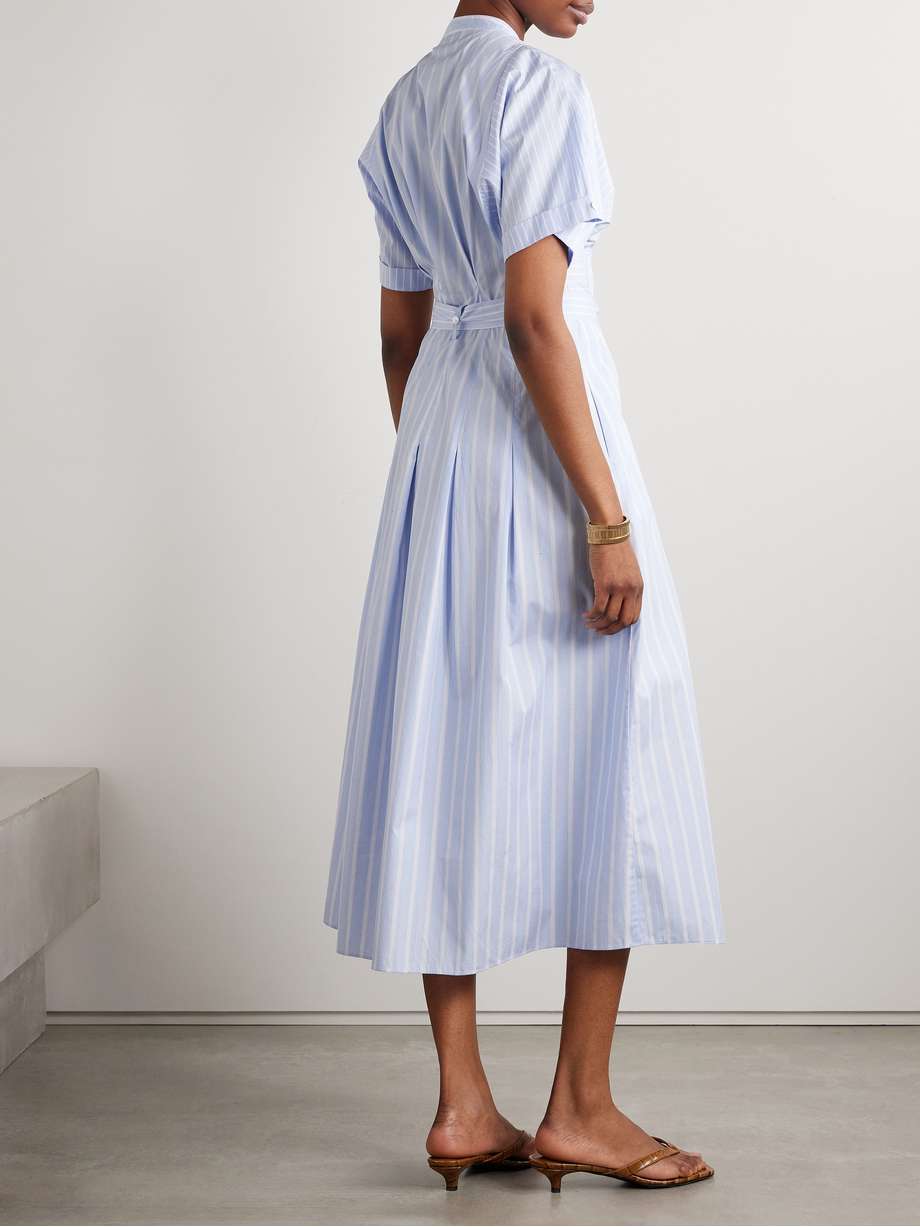 belted pleated striped cotton-poplin midi shirt dress