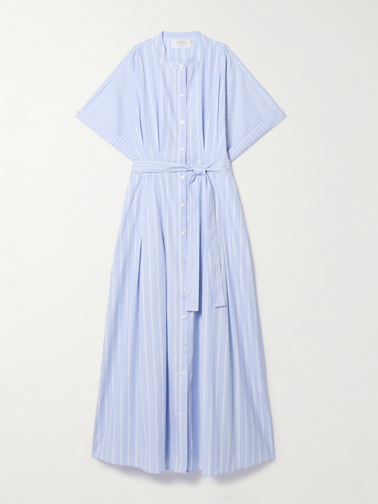La Ligne Belted Pleated Striped Cotton-poplin Midi Shirt Dress In Blue