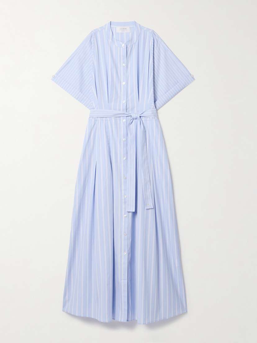 La Ligne Belted Pleated Striped Cotton-poplin Midi Shirt Dress