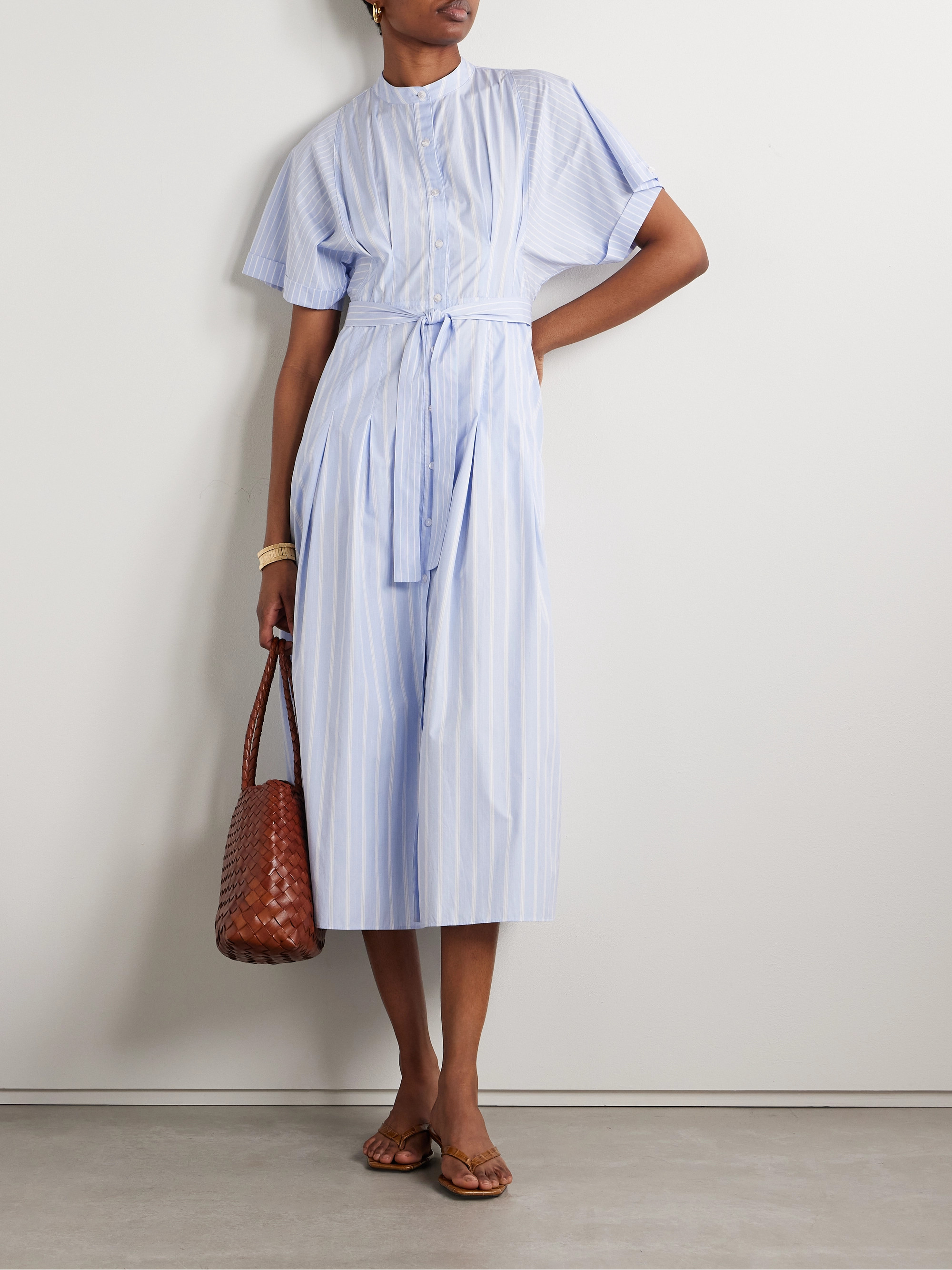La Ligne - Belted pleated striped cotton-poplin midi shirt dress | Plush