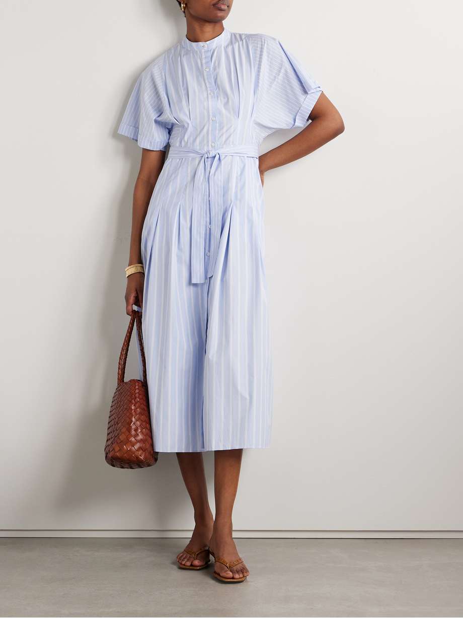 belted pleated striped cotton-poplin midi shirt dress