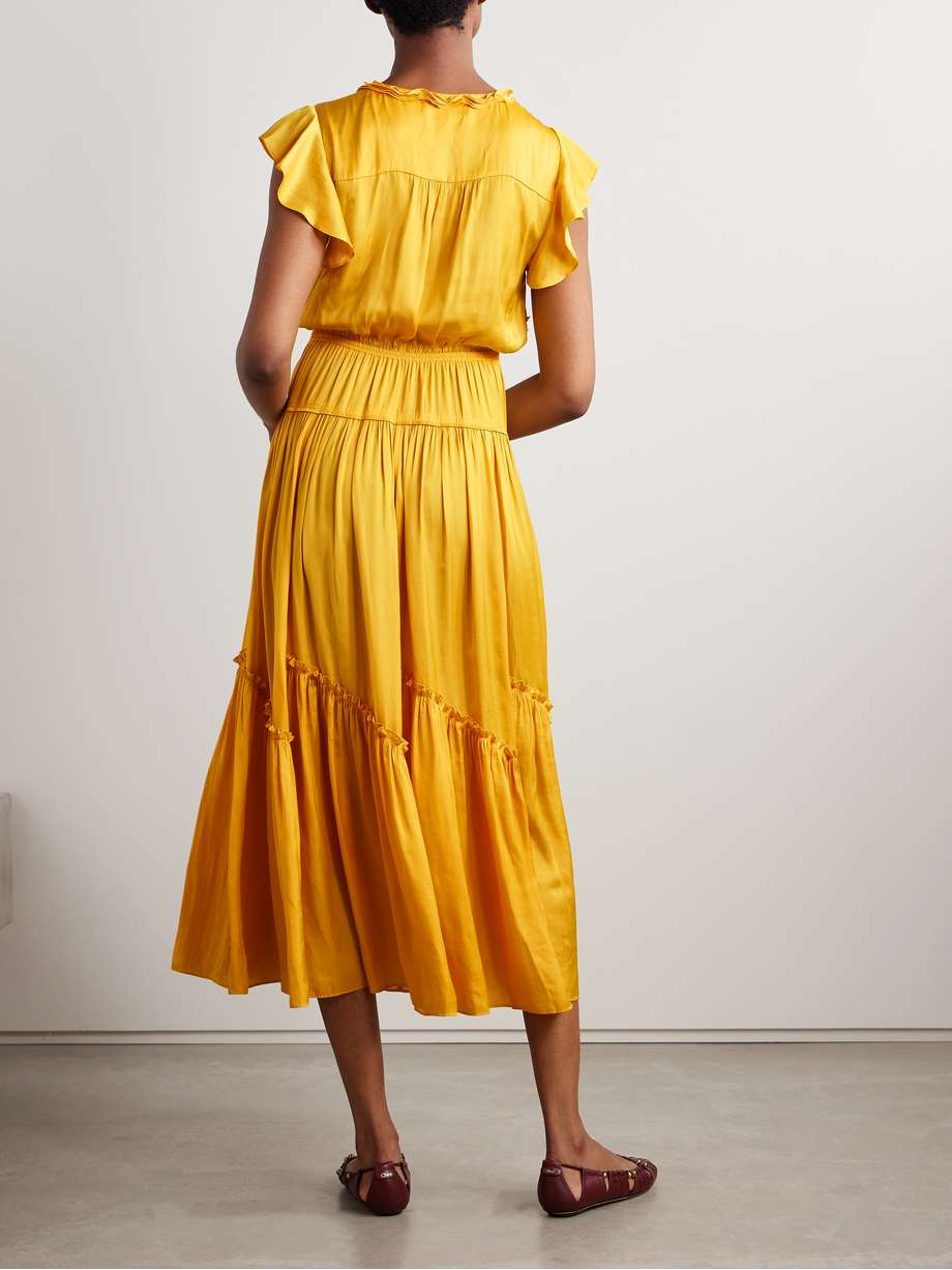 pintucked ruffled satin midi dress
