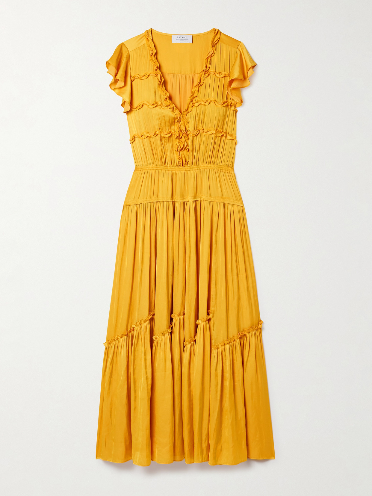 La Ligne Pintucked Ruffled Satin Midi Dress In Yellow