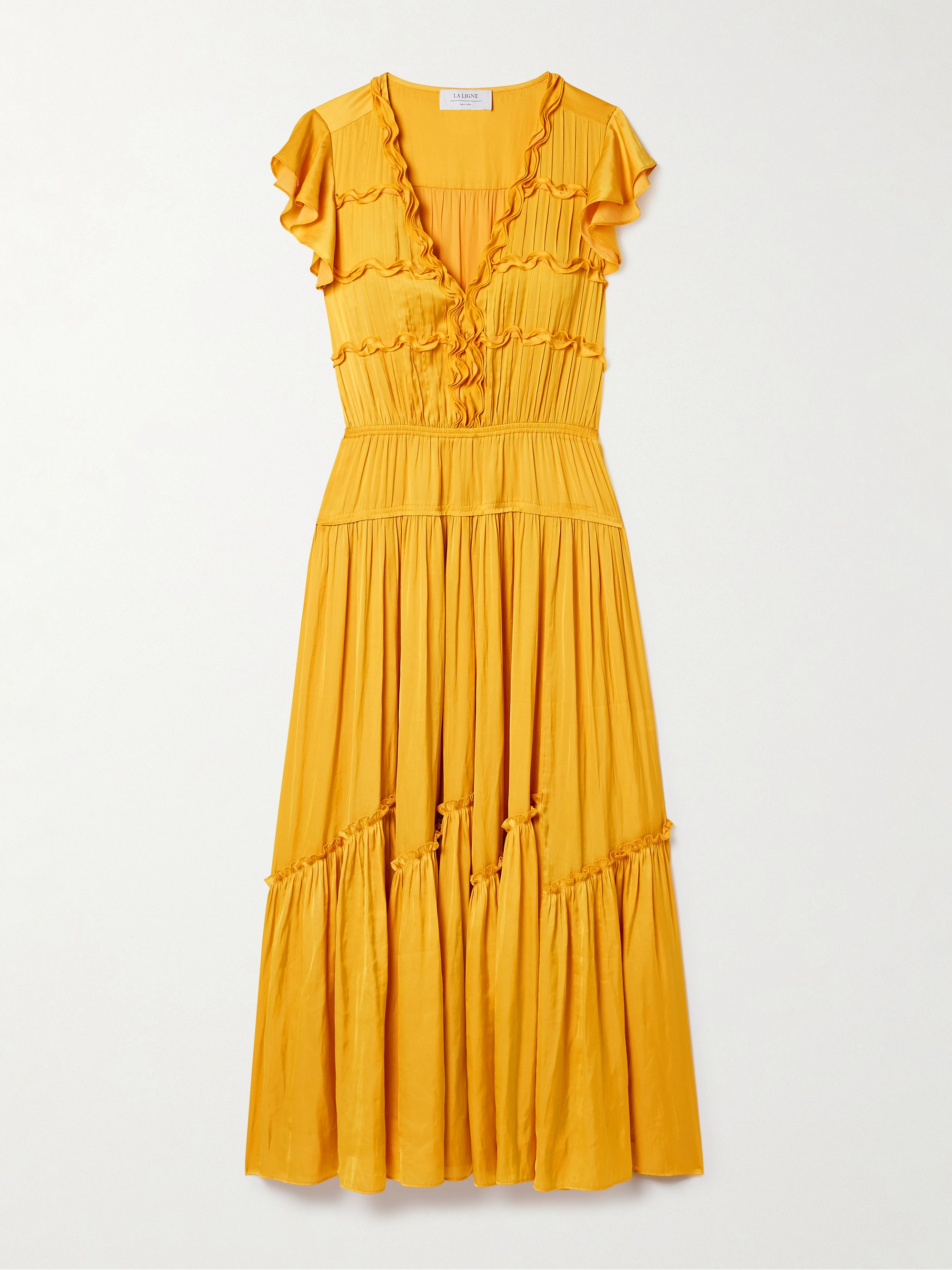 La Ligne Pintucked ruffled satin midi dress thumbnail