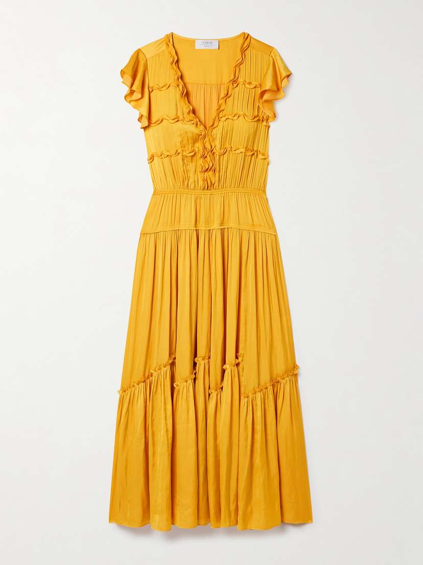 La Ligne Pintucked Ruffled Satin Midi Dress