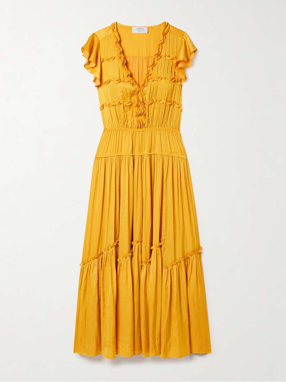 pintucked ruffled satin midi dress
