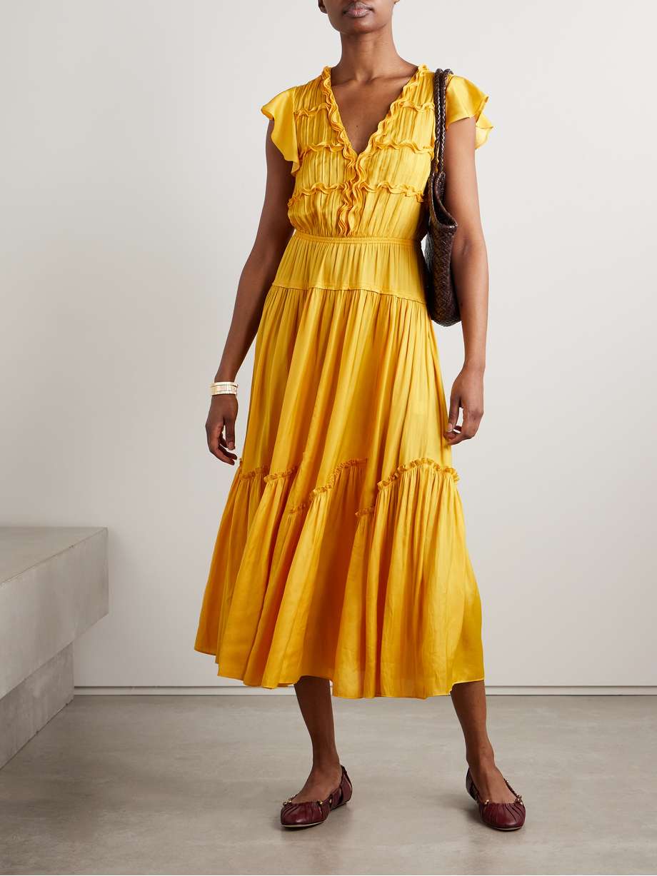 pintucked ruffled satin midi dress