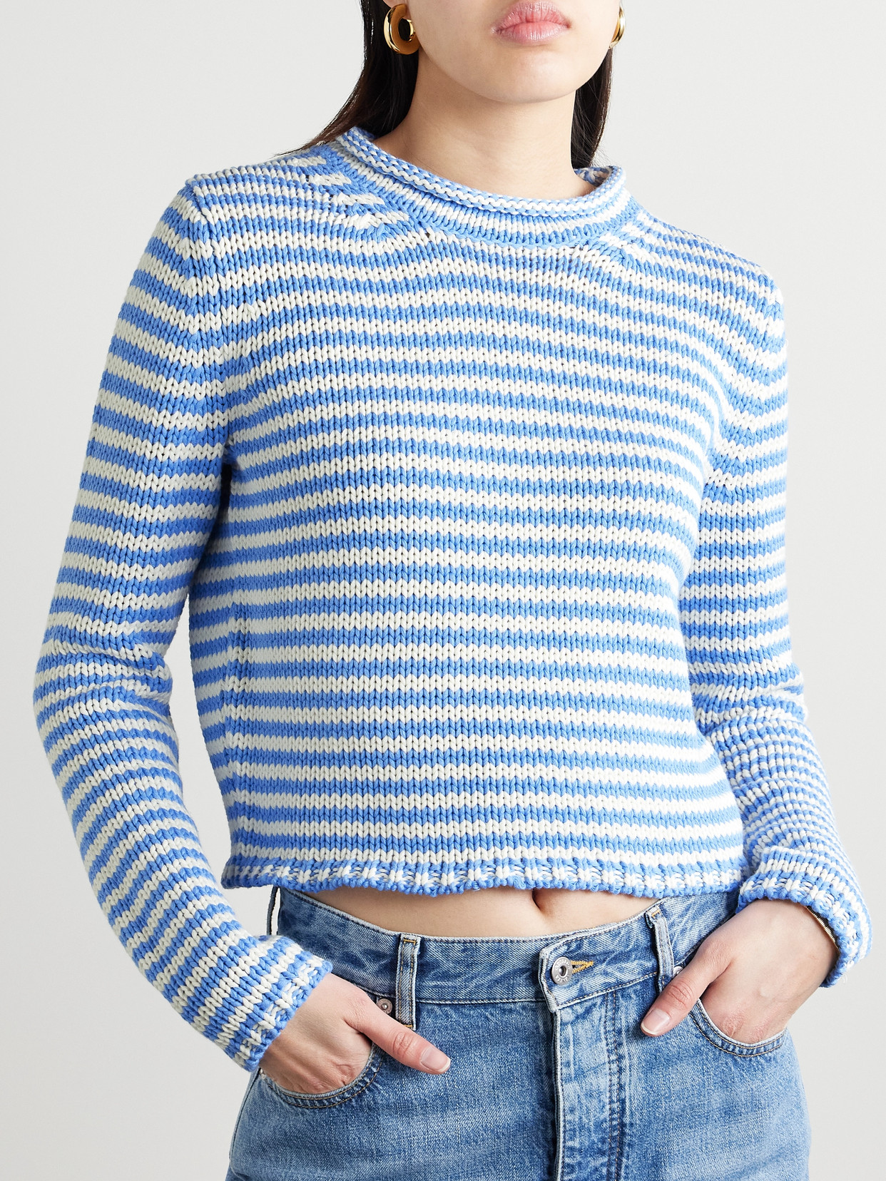 La Ligne Mini Marina Cropped Striped Cotton Sweater In Blue