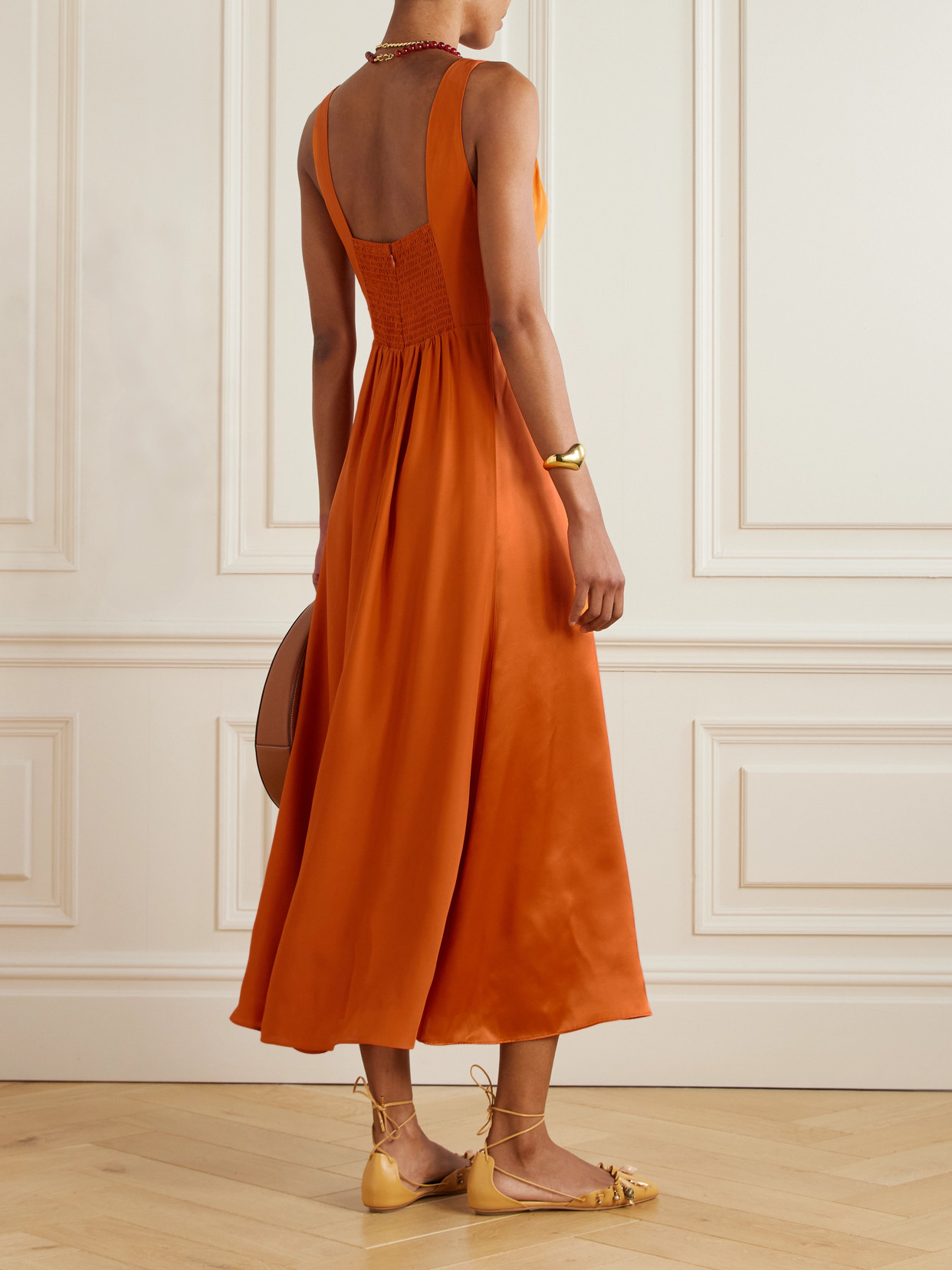 La Ligne Pleated Silk-satin Midi Dress In Orange