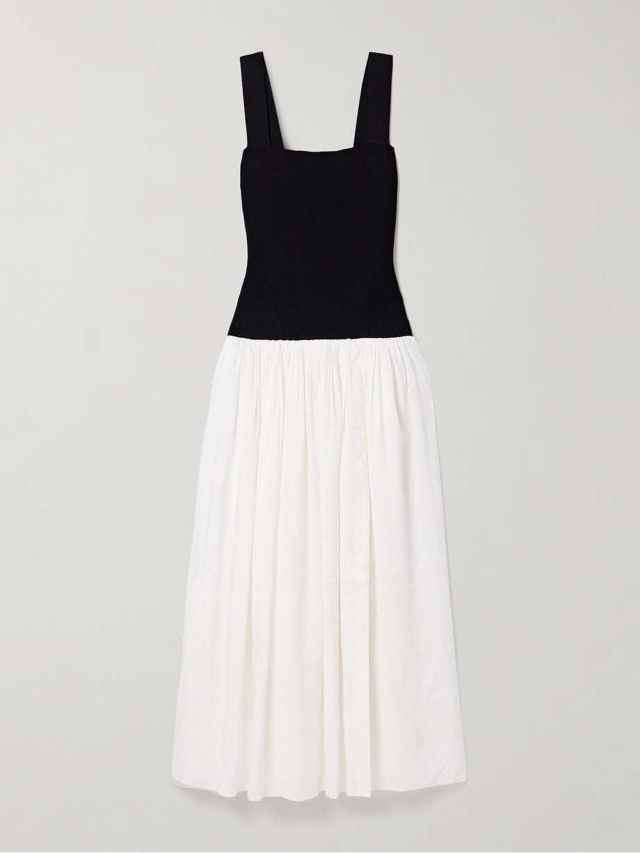 stretch-knit and gathered linen-blend midi dress