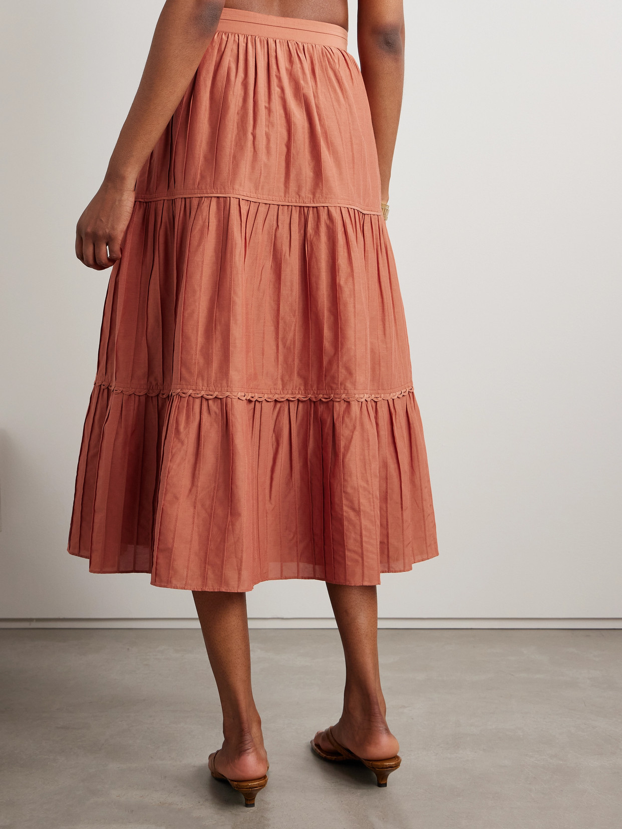 La Ligne Tiered Pintucked Cotton And Silk-blend Midi Skirt In Orange
