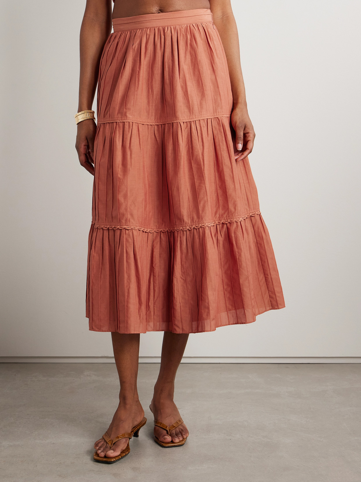 La Ligne Tiered Pintucked Cotton And Silk-blend Midi Skirt In Orange