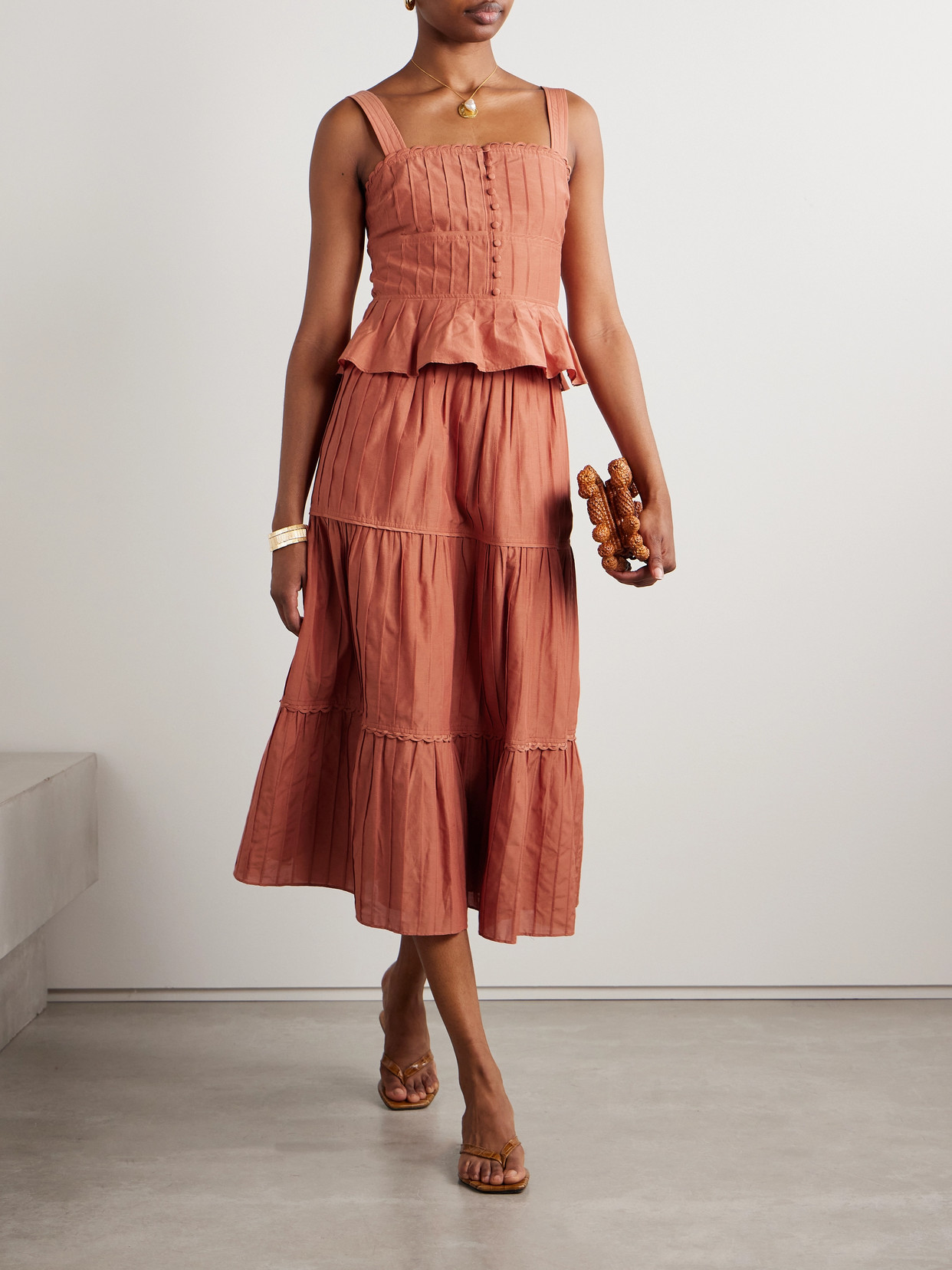 La Ligne Tiered Pintucked Cotton And Silk-blend Midi Skirt In Orange