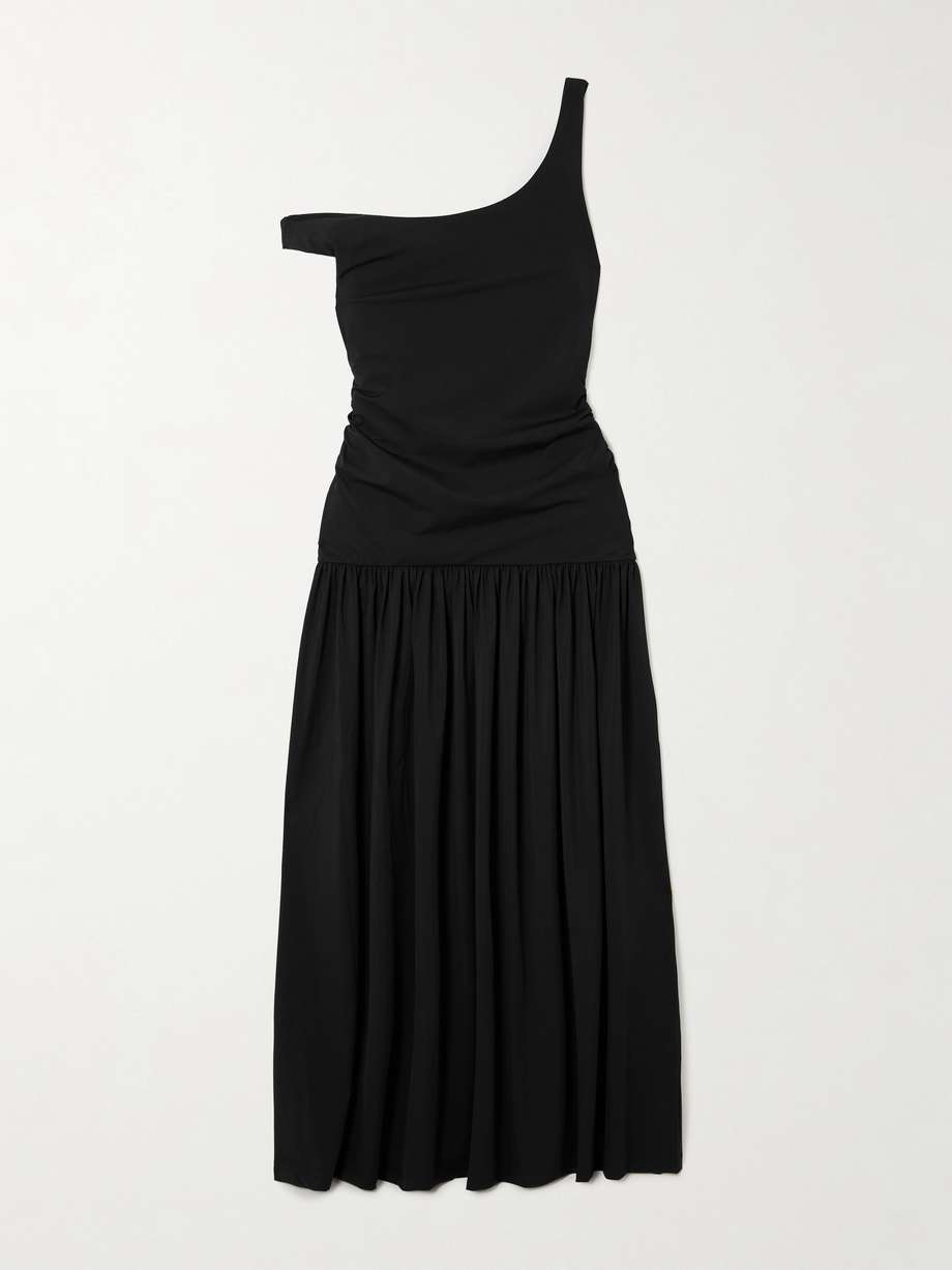off-the-shoulder ruched gathered stretch-jersey maxi dress