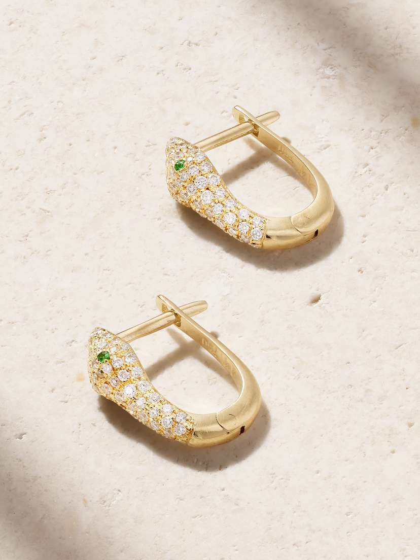 Ileana Makri Baby Boa Huggie 18-karat Gold, Diamond And Tsavorite Earrings