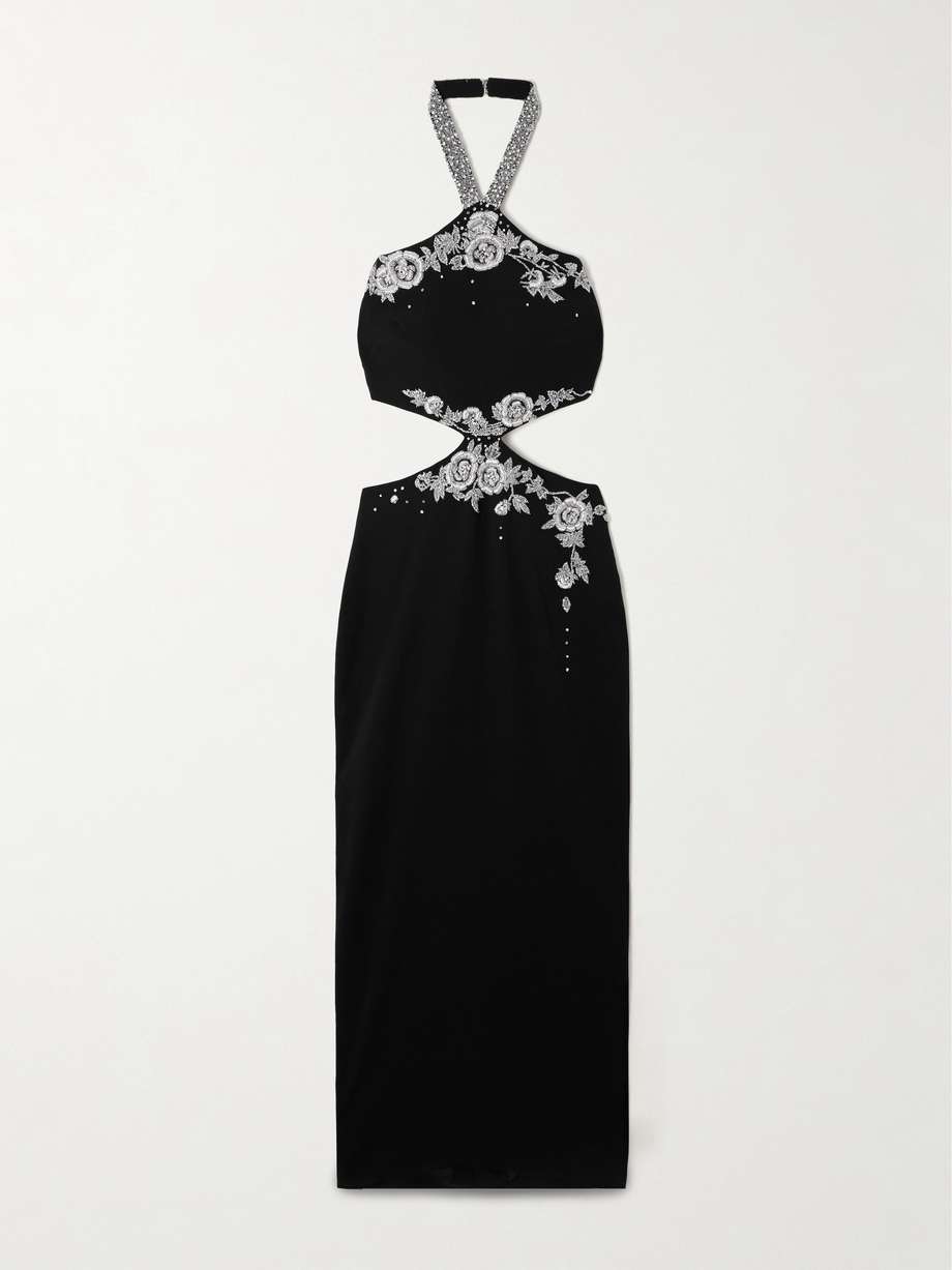 cutout crystal-embellished embroidered crepe halterneck gown
