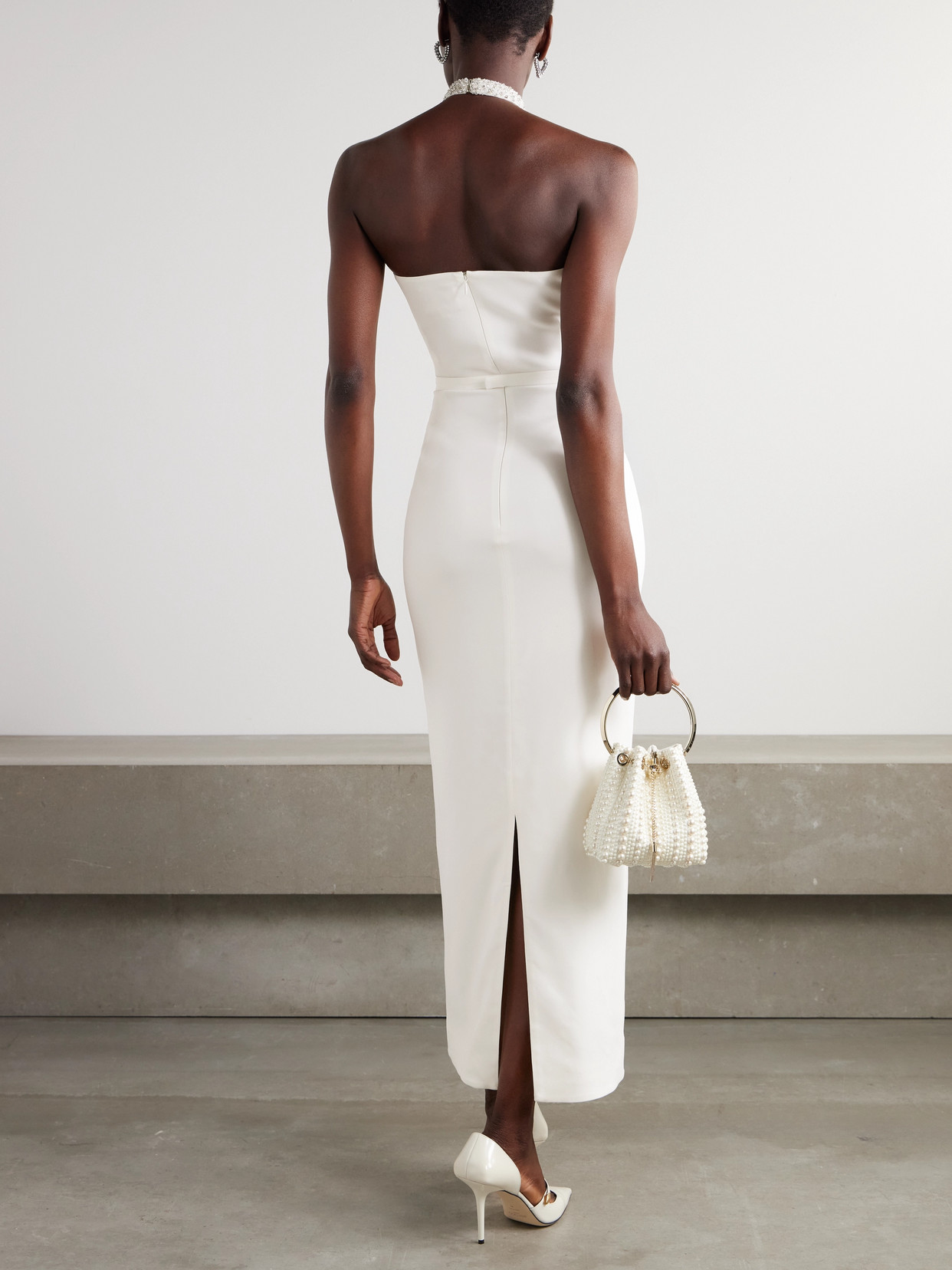 Shop Miss Sohee Ara Embellished Crepe Halterneck Gown In Ivory
