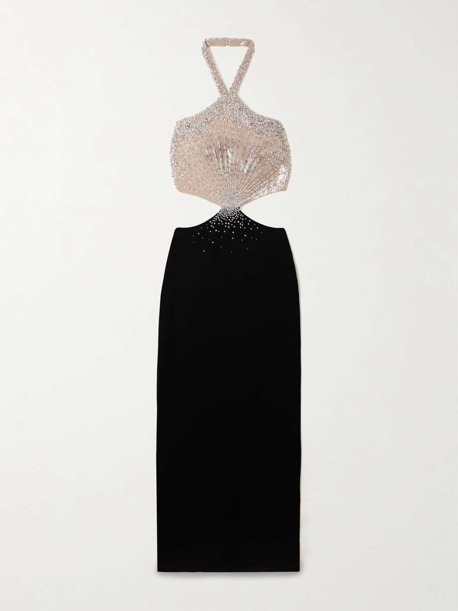 som two-tone cutout crystal and sequin-embellished crepe halterneck gown