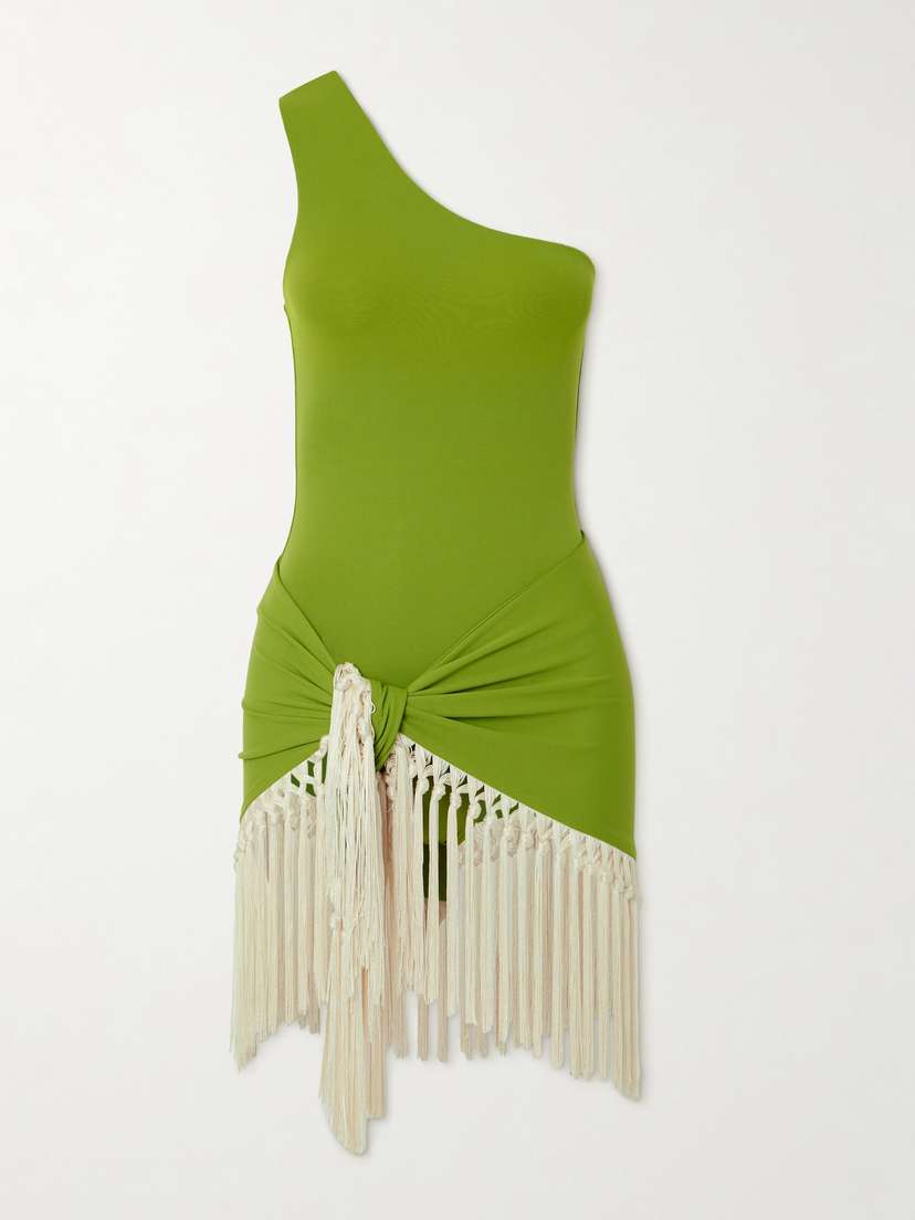 Taller Marmo Yacare One-shoulder Swimsuit And Fringed Pareo Set