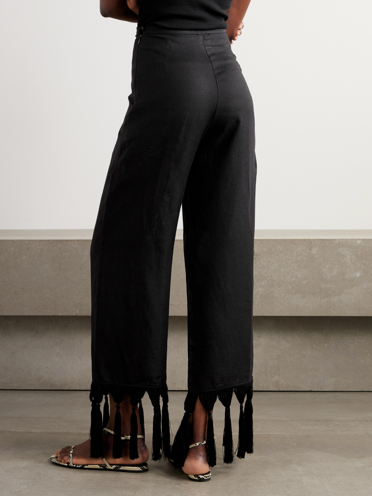 Taller Marmo Marlino Tasseled Linen Wide-leg Pants In Black