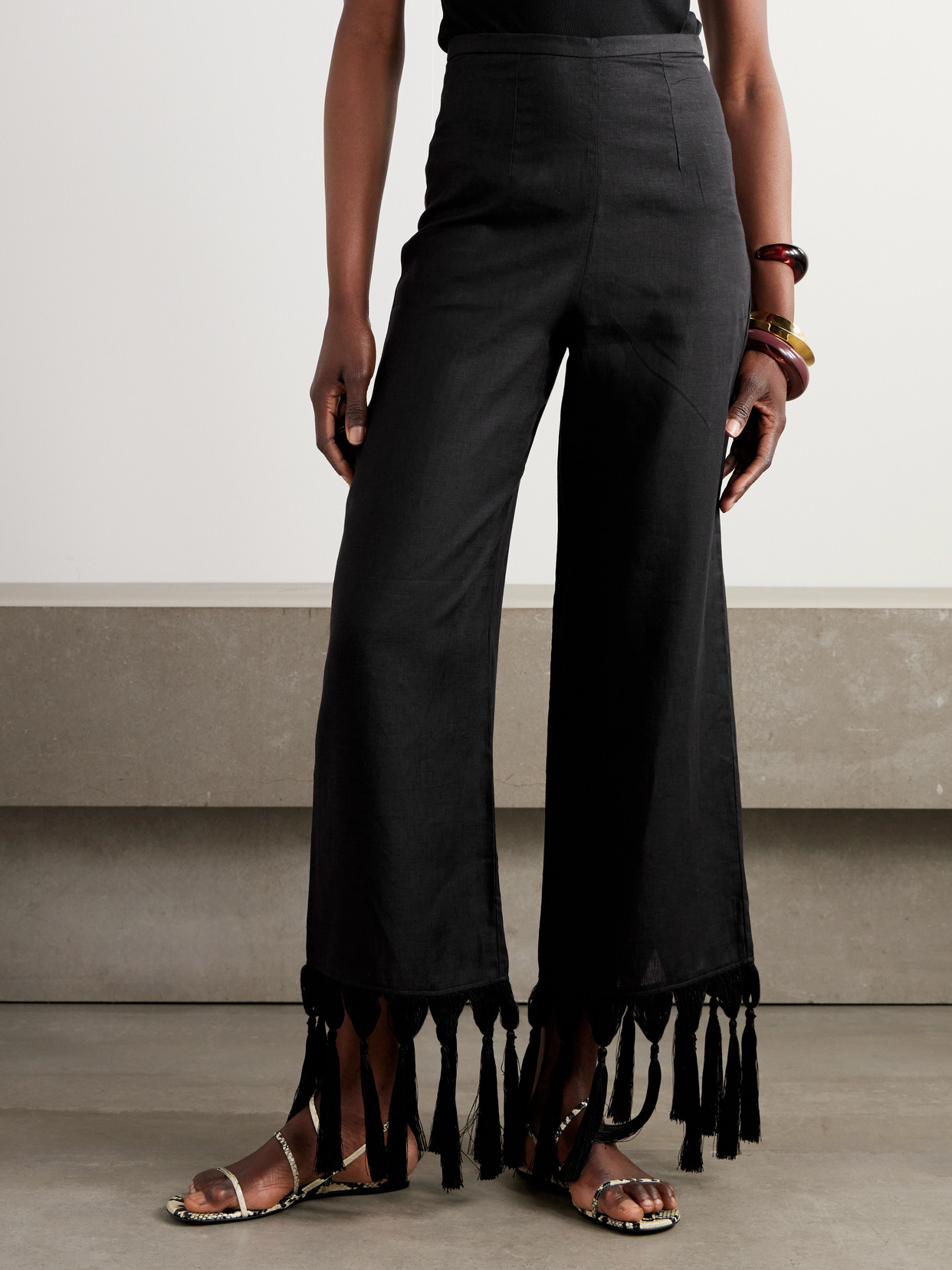 Taller Marmo Marlino Tasseled Linen Wide-leg Pants In Black
