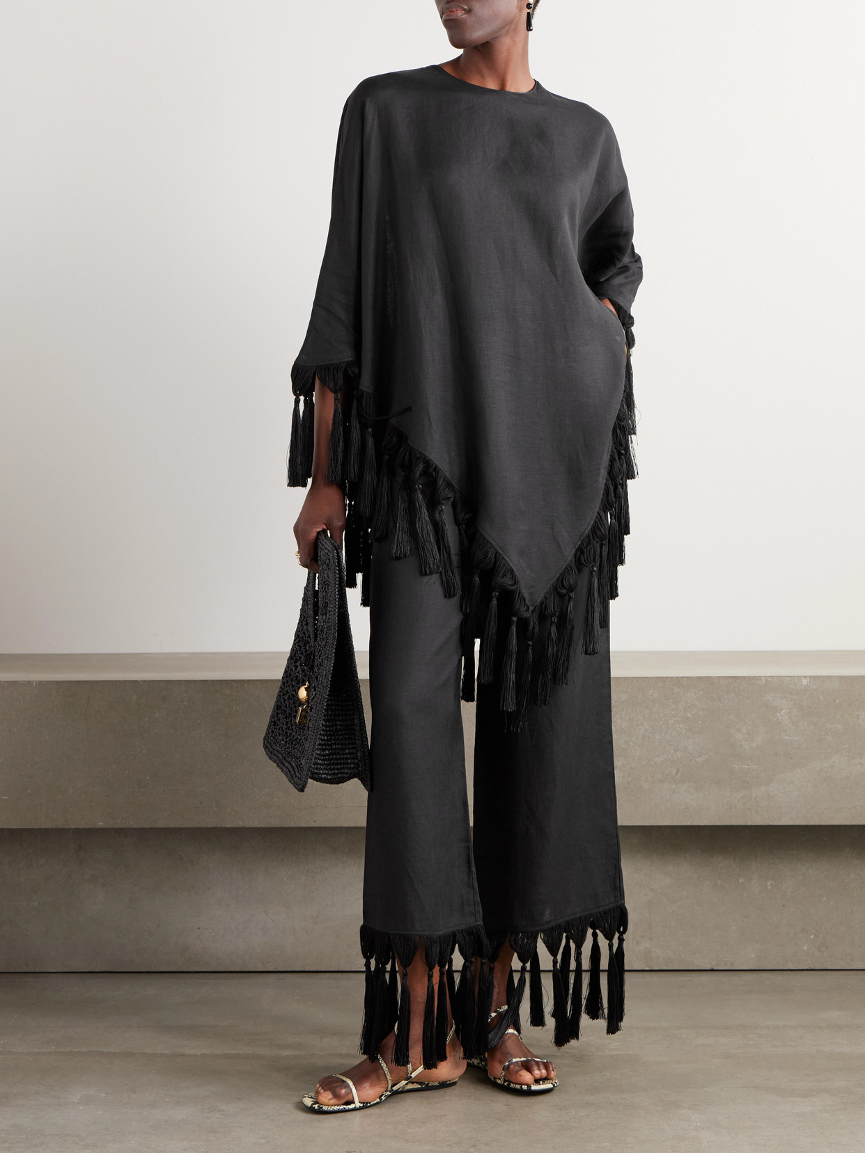 Taller Marmo Marlino Tasseled Linen Wide-leg Pants In Black
