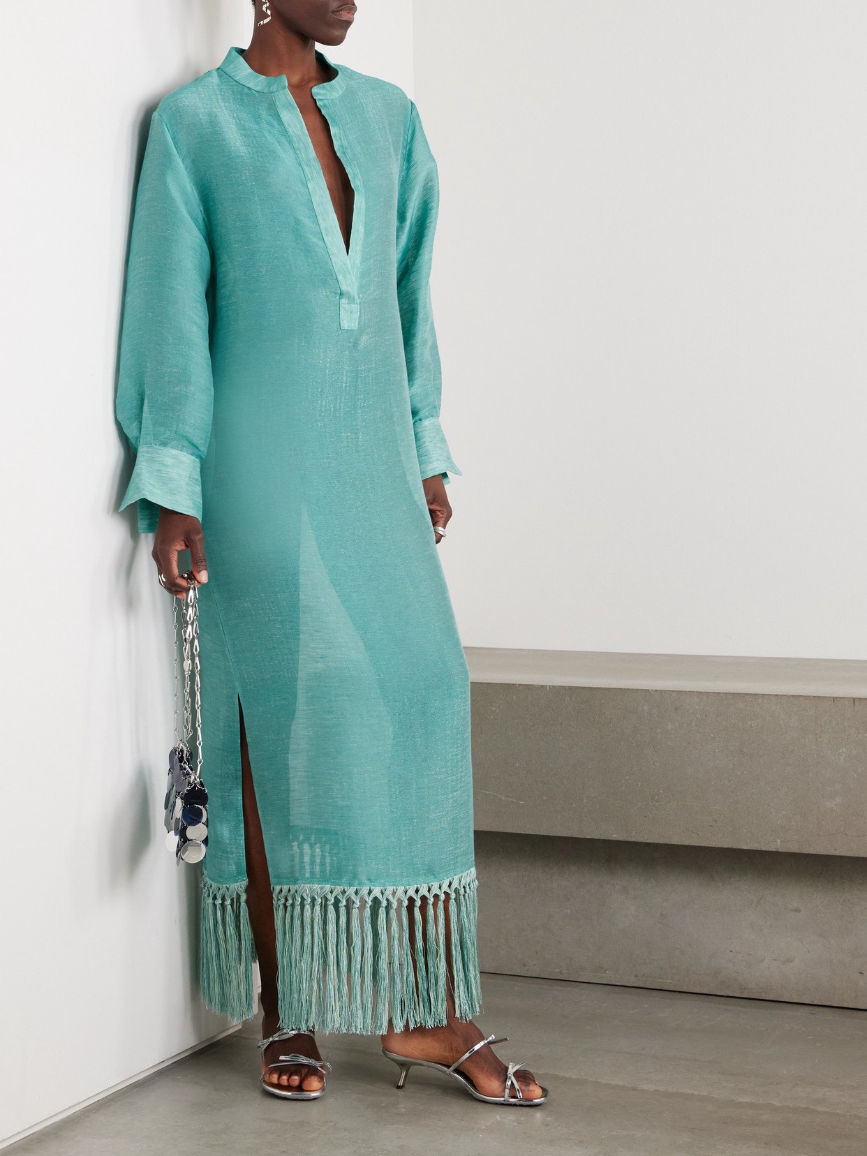 Taller Marmo Bahamas Fringed Linen-blend Maxi Dress In Blue