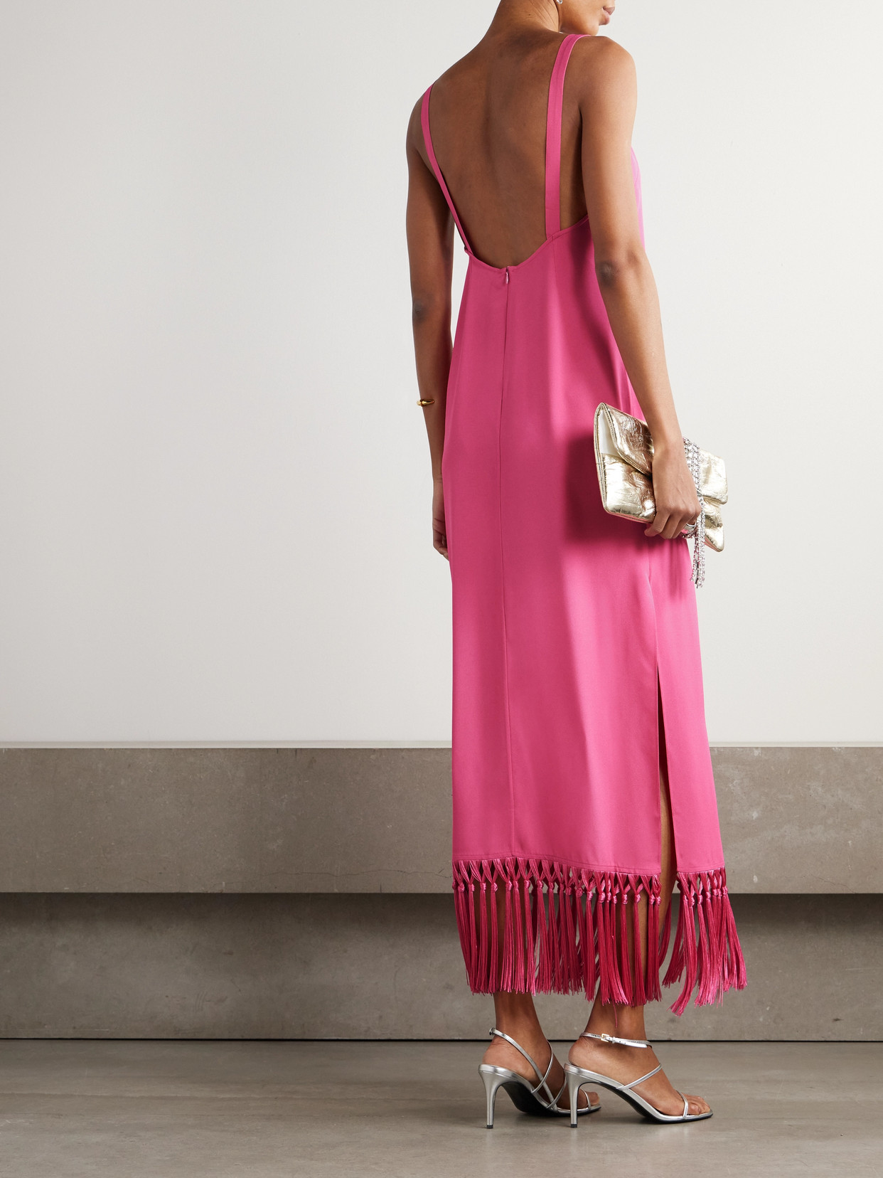 Shop Taller Marmo Palermo Fringed Crepe Midi Dress In Pink