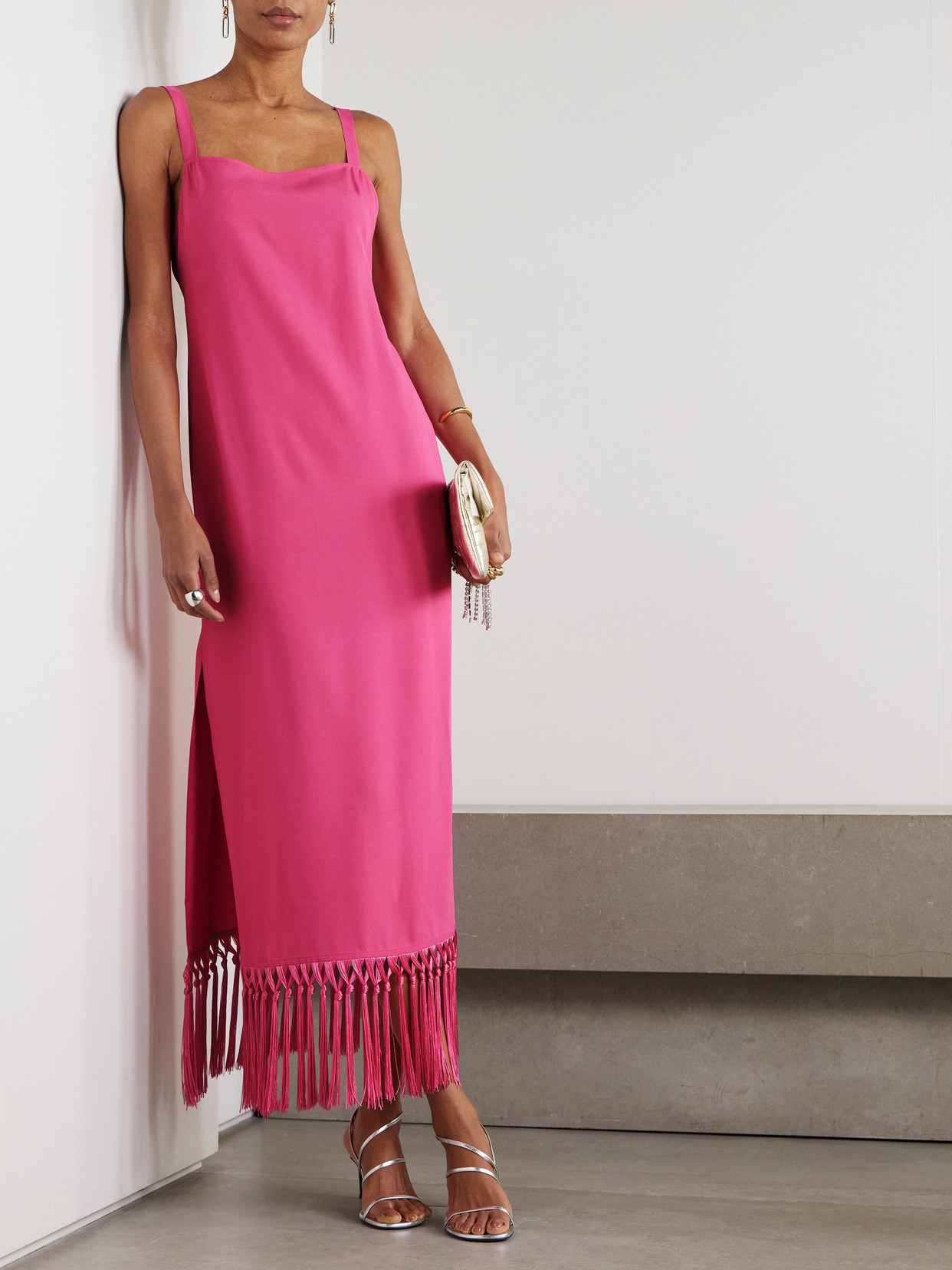 Shop Taller Marmo Palermo Fringed Crepe Midi Dress In Pink