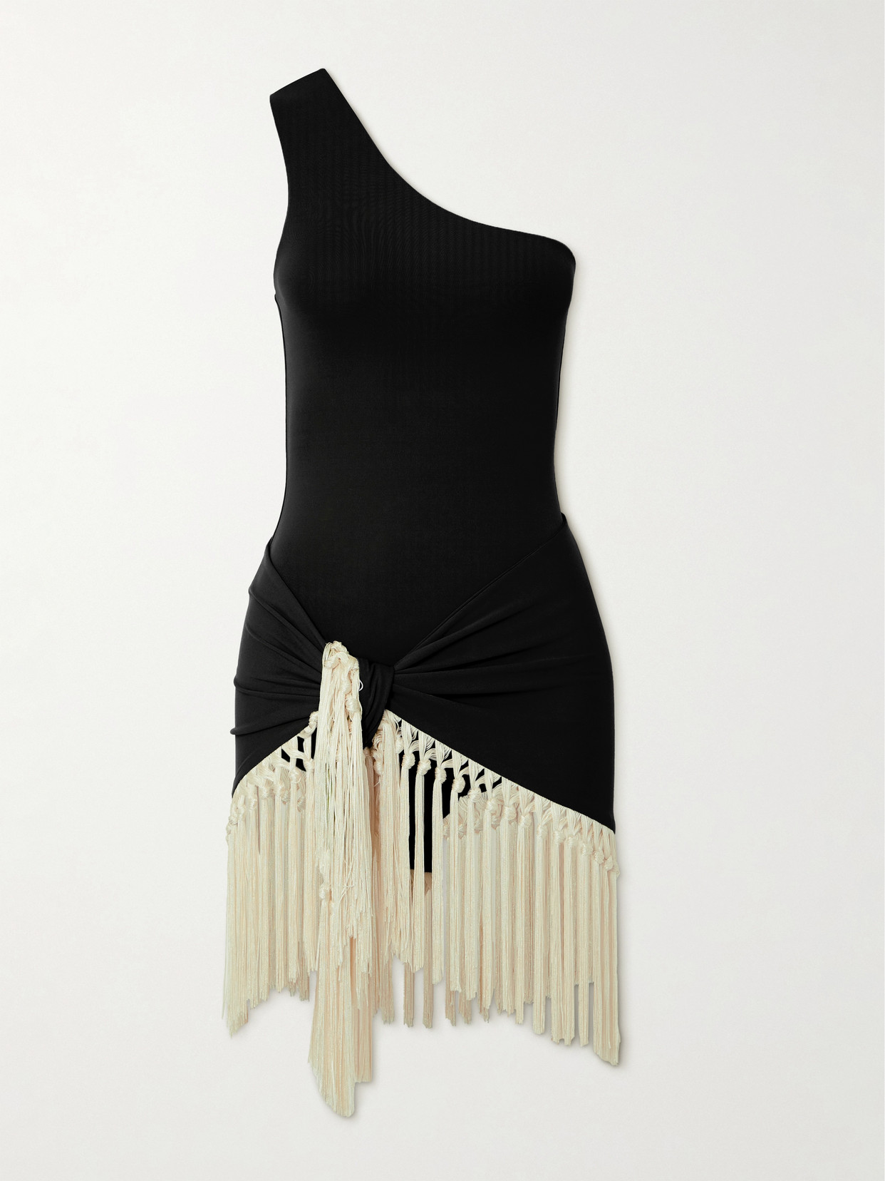TALLER MARMO YACARE ONE-SHOULDER SWIMSUIT AND FRINGED PAREO SET