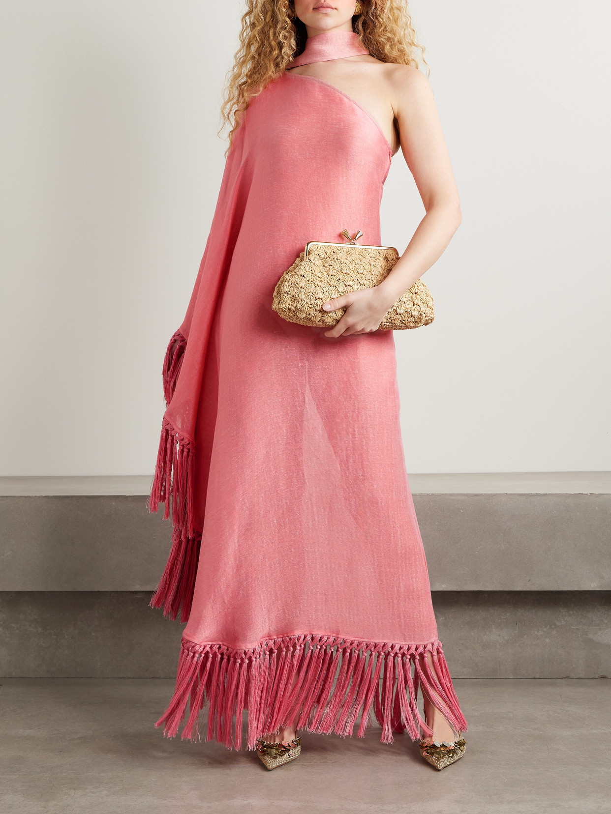 TALLER MARMO ARNO ONE-SLEEVE FRINGED LINEN-BLEND GOWN