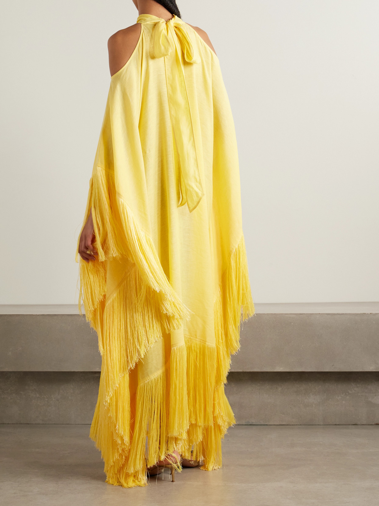 Taller Marmo Bambolino Cold-shoulder Fringed Linen Maxi Dress In Yellow
