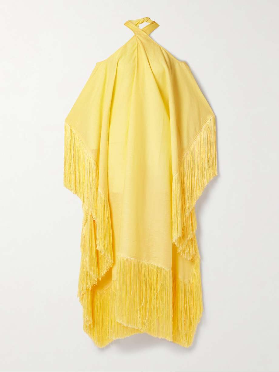 bambolino cold-shoulder fringed linen maxi dress