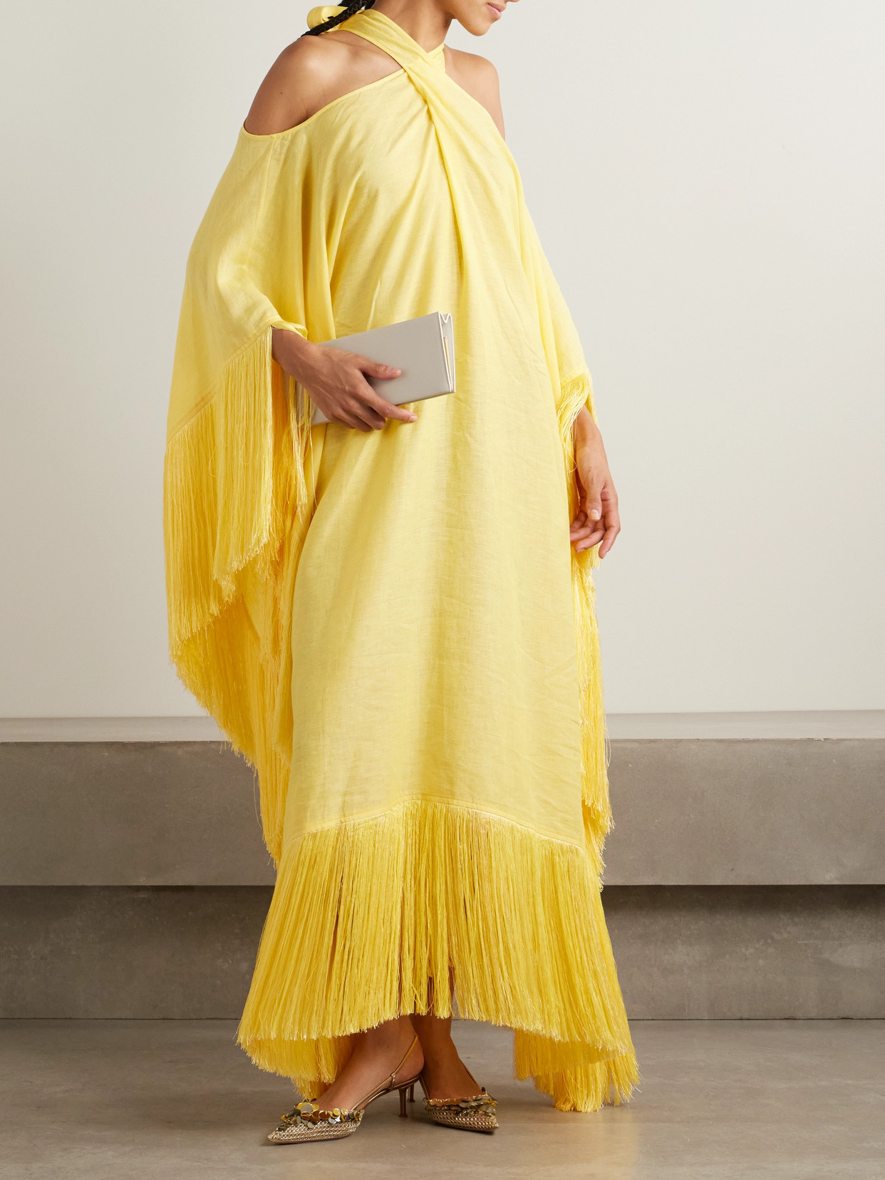 Taller Marmo Bambolino Cold-shoulder Fringed Linen Maxi Dress In Yellow