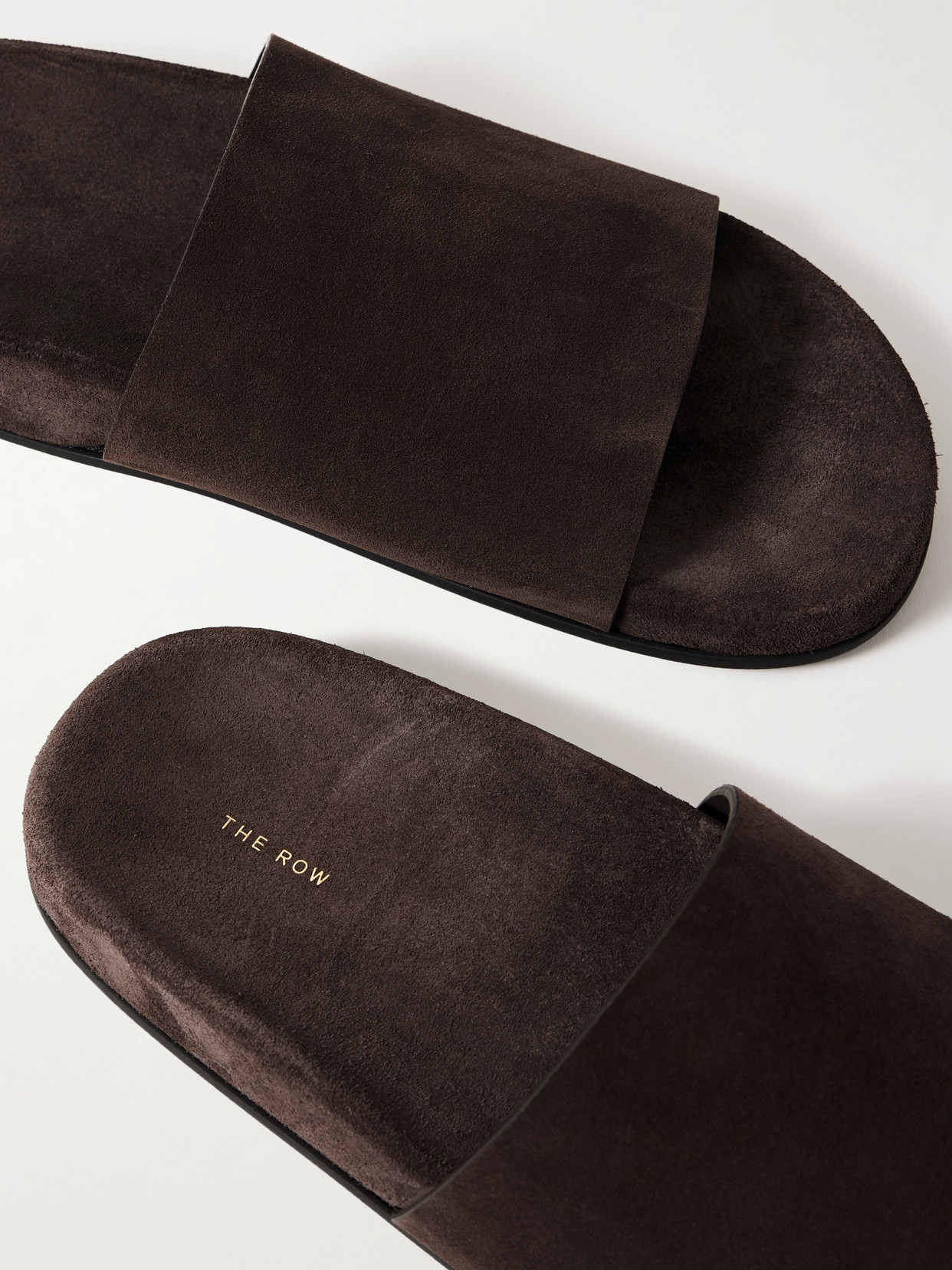 The Row Hugh Suede Slides In Brown