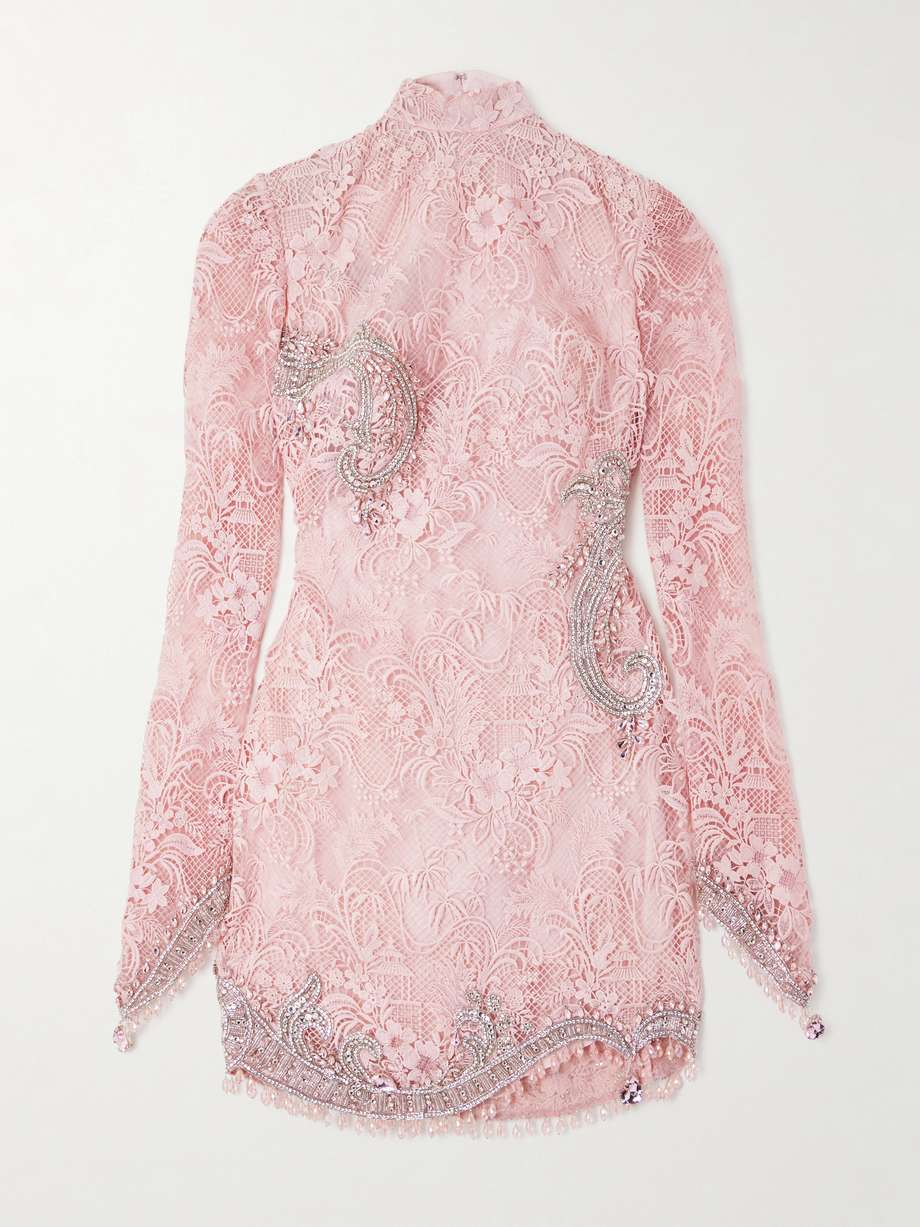 embellished silk-blend guipure lace mini dress